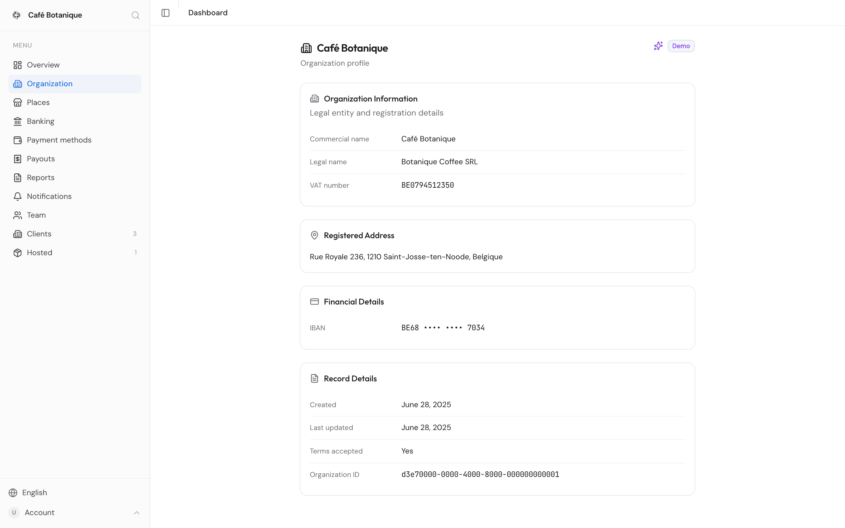 The Organization profile with the business details on file