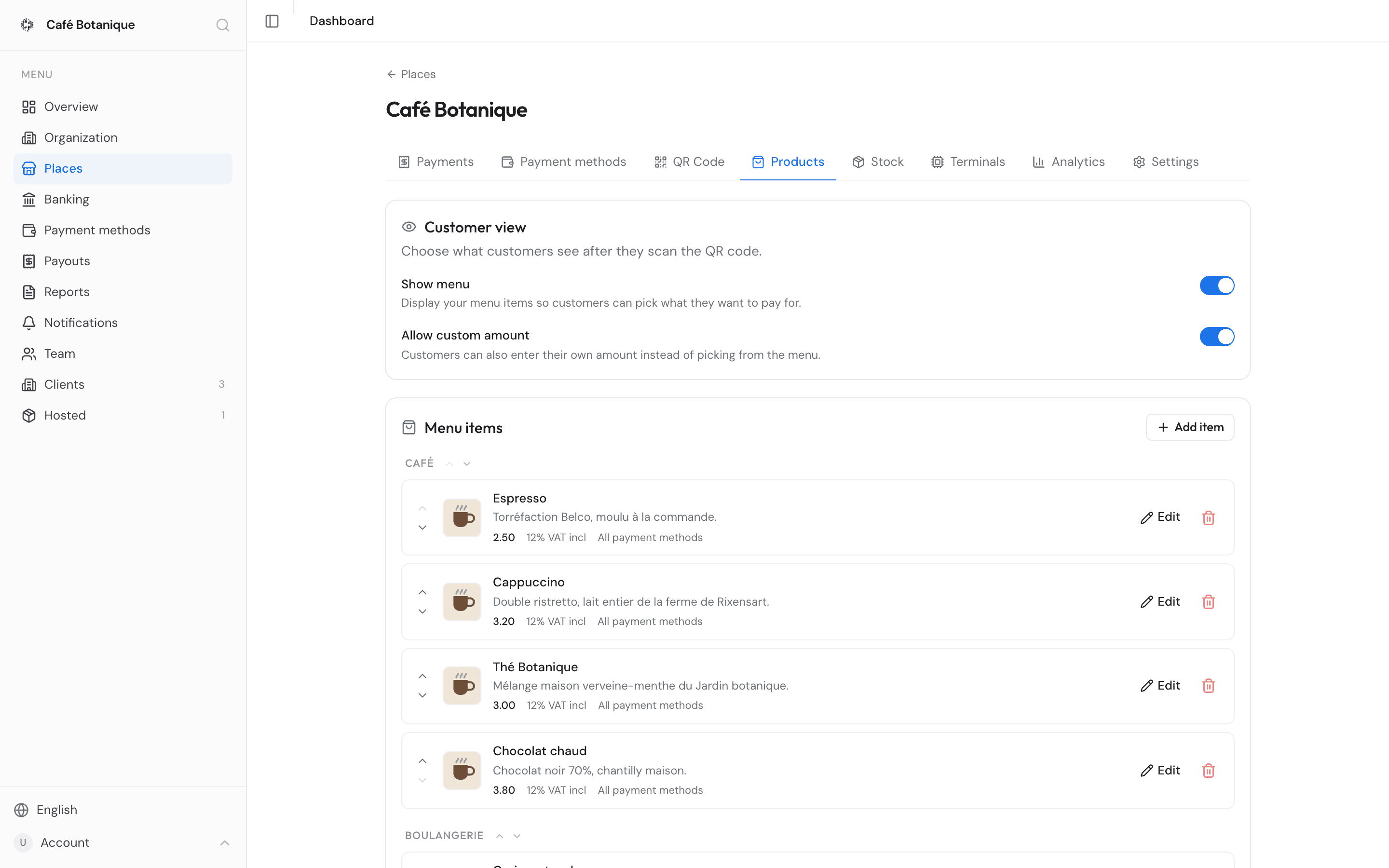 The Products tab listing a place's menu items