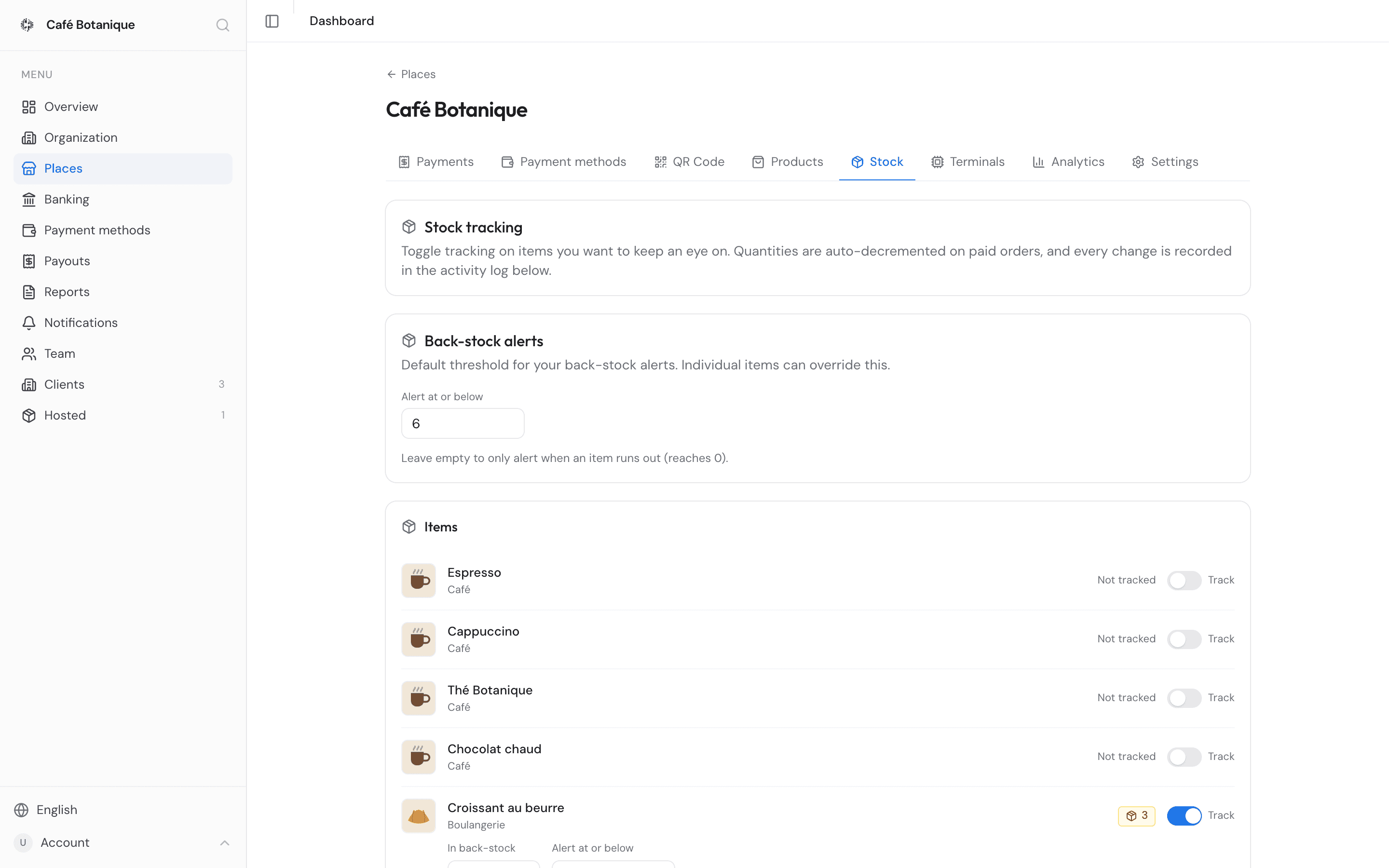 The Stock tab with counts and alert thresholds per item