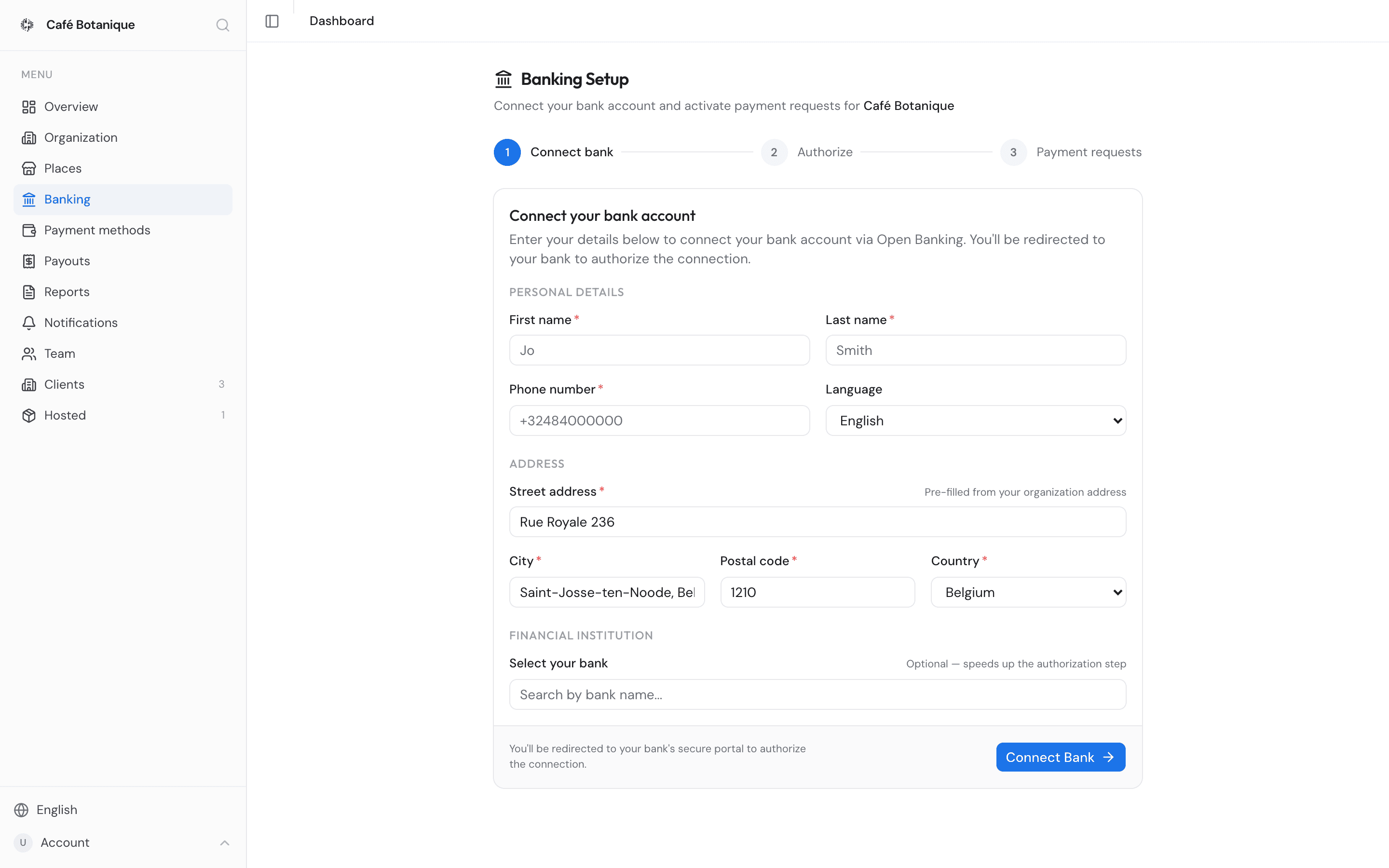 The Banking page at the connect-your-bank-account step