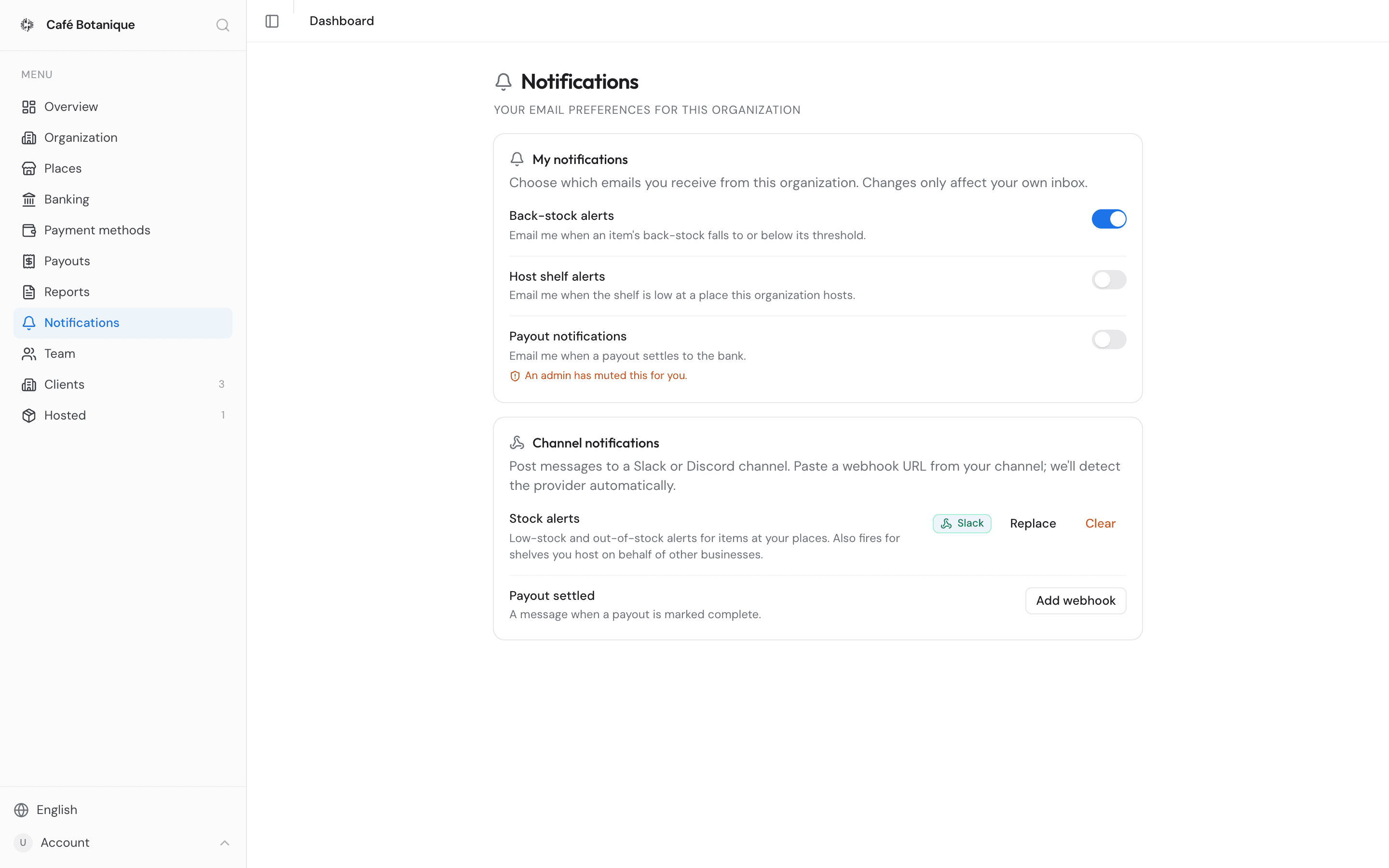 The My notifications card with a switch per kind of email