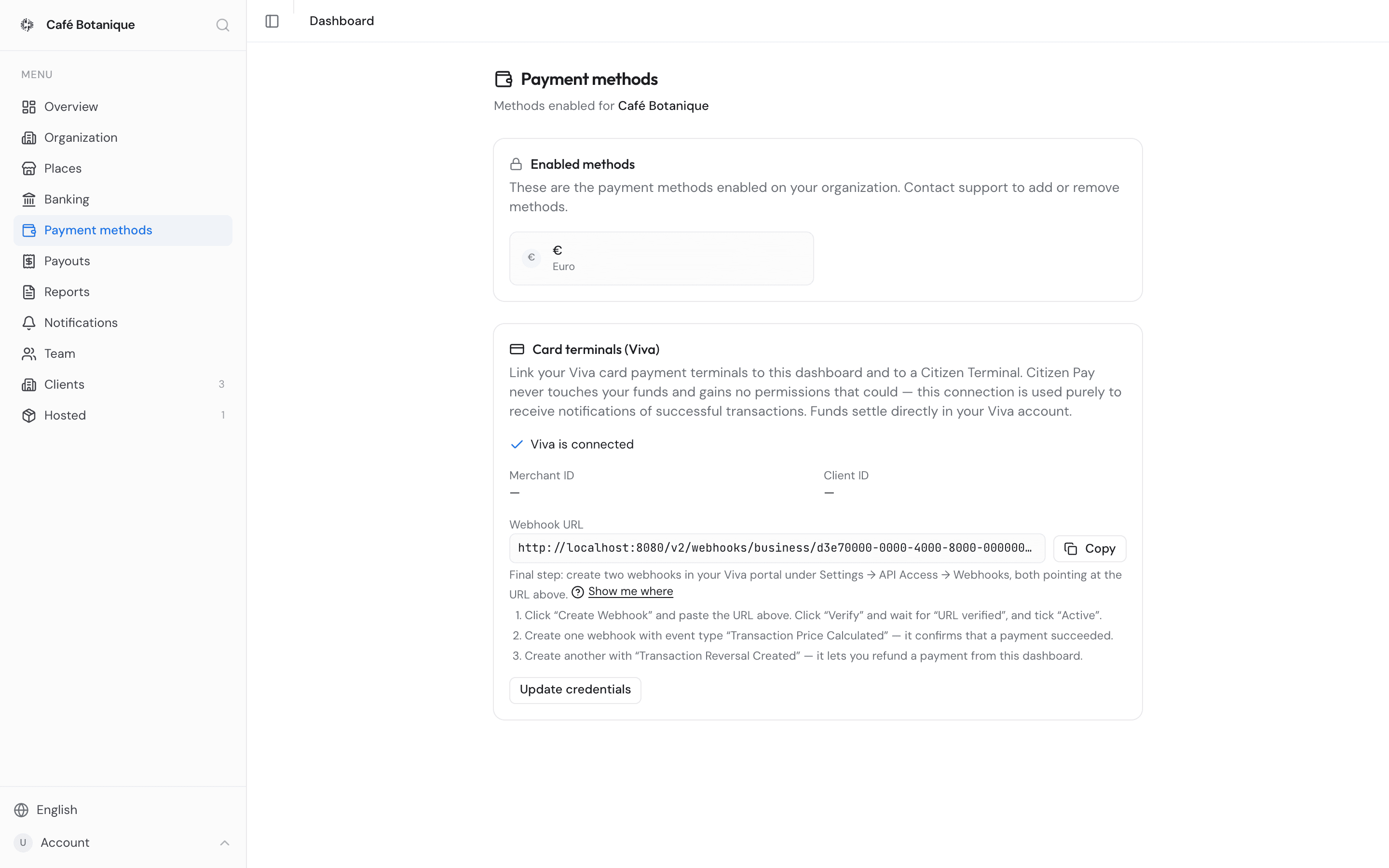 The Payment methods page with the enabled methods