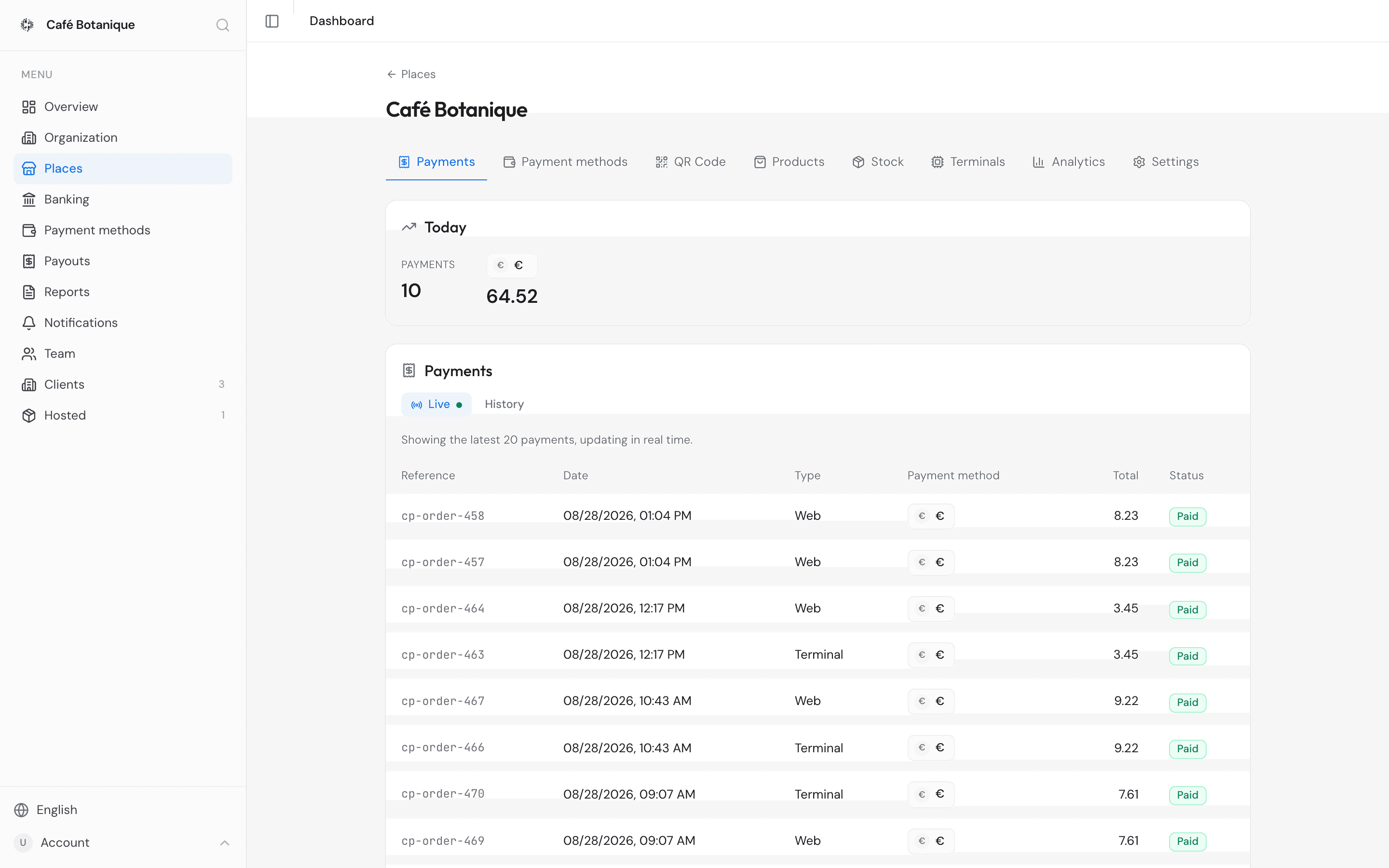 The Payments tab of a place, with today's takings and live payments