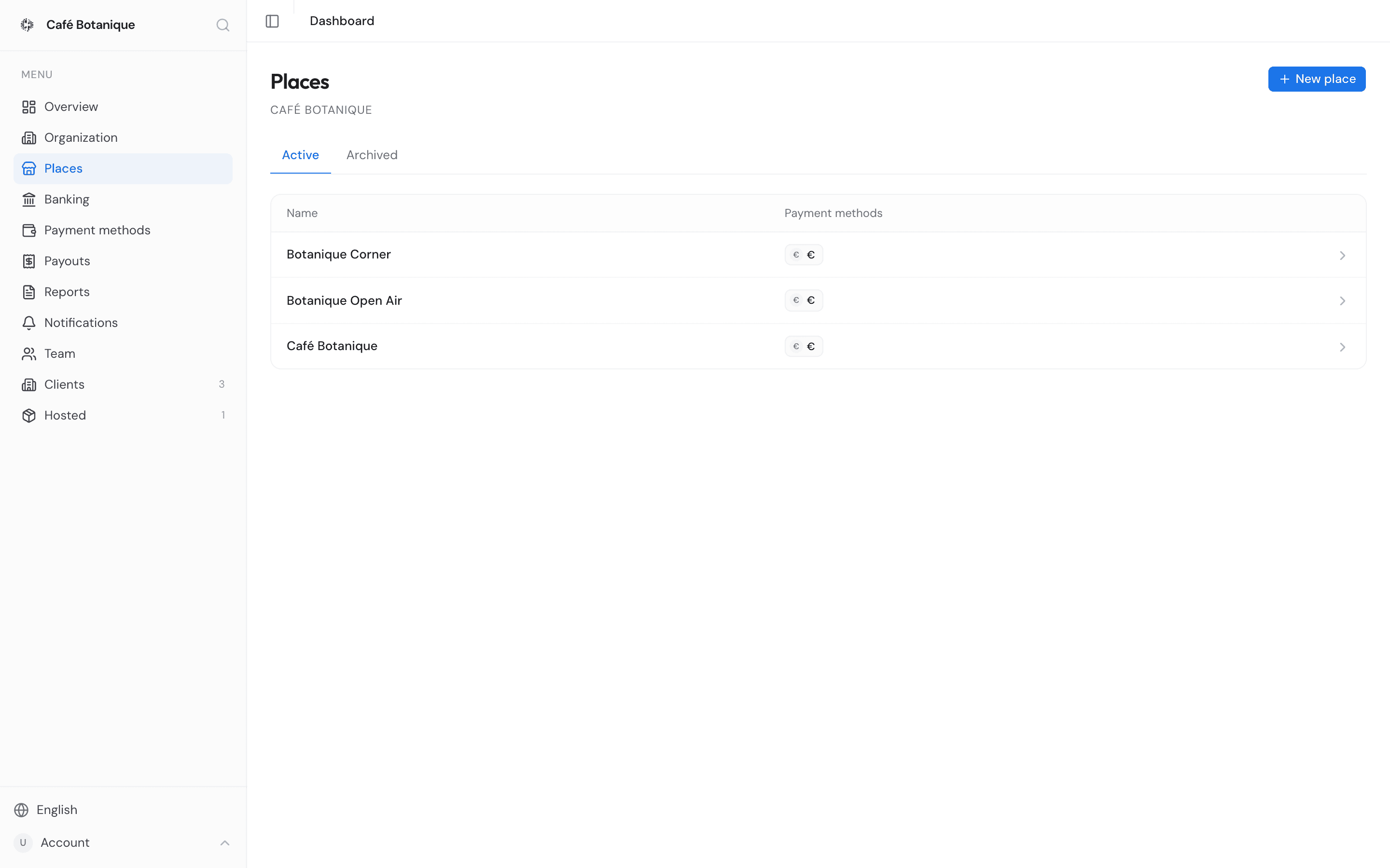 The Places list showing each place and its payment methods