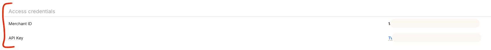 The Access credentials block on Viva's API Access page, listing Merchant ID and API Key
