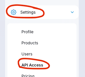 The Viva sidebar with Settings and API Access highlighted