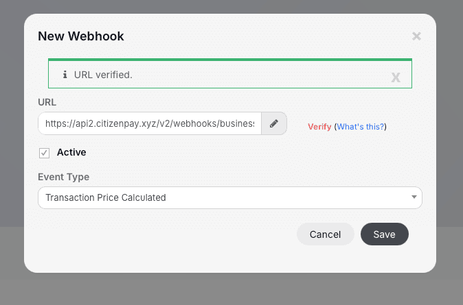 The New Webhook dialog with the event type Transaction Price Calculated