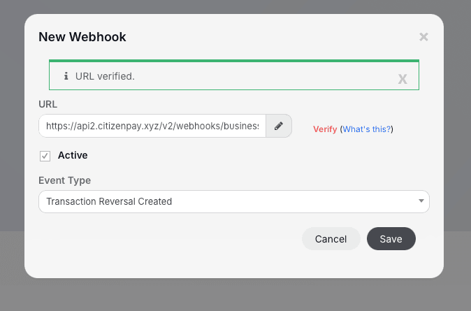 The New Webhook dialog with the event type Transaction Reversal Created