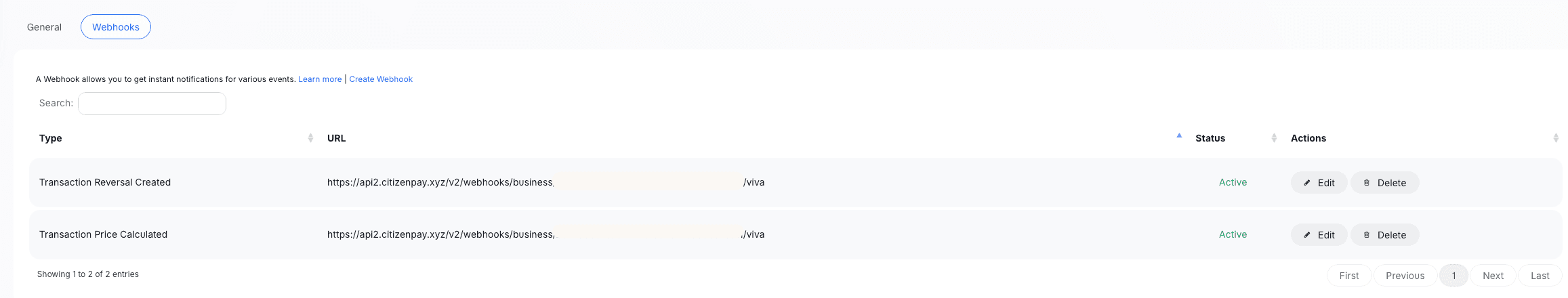 The Webhooks tab in the Viva portal with both webhooks created and active